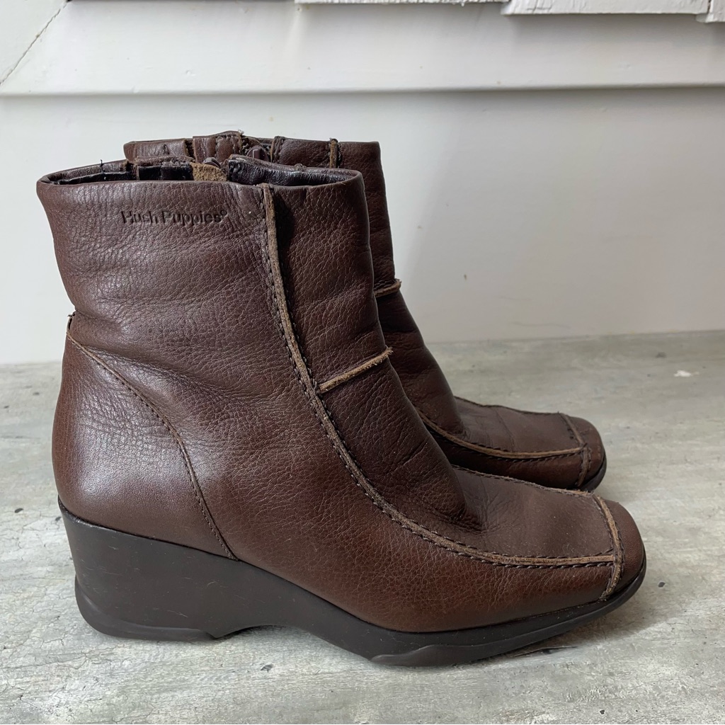 Hush Puppies Wedge Ankle Boots Womens 7m Brown Leather Square Toe Zip